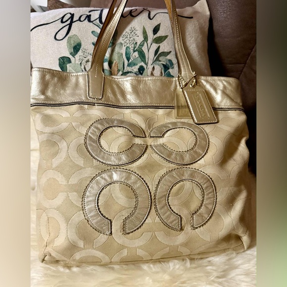 Coach Metallic Gold and Cream Tote Bag - Picture 1 of 12
